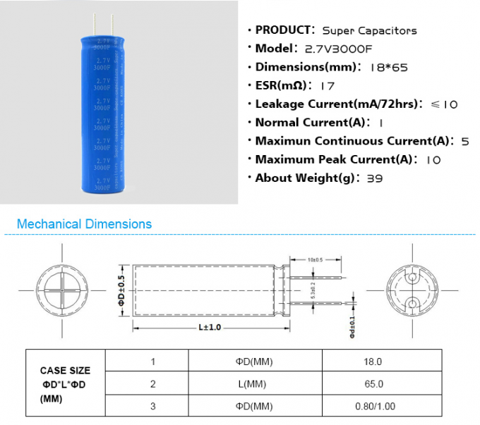 Home Solar Power Super Capacitor Battery 2.7V 3000F Portable Radial Type