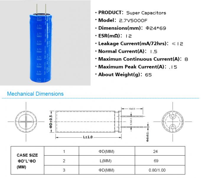 High Energy 2.7V 5000F Radial Super Capacitor Battery Double Electric Layer